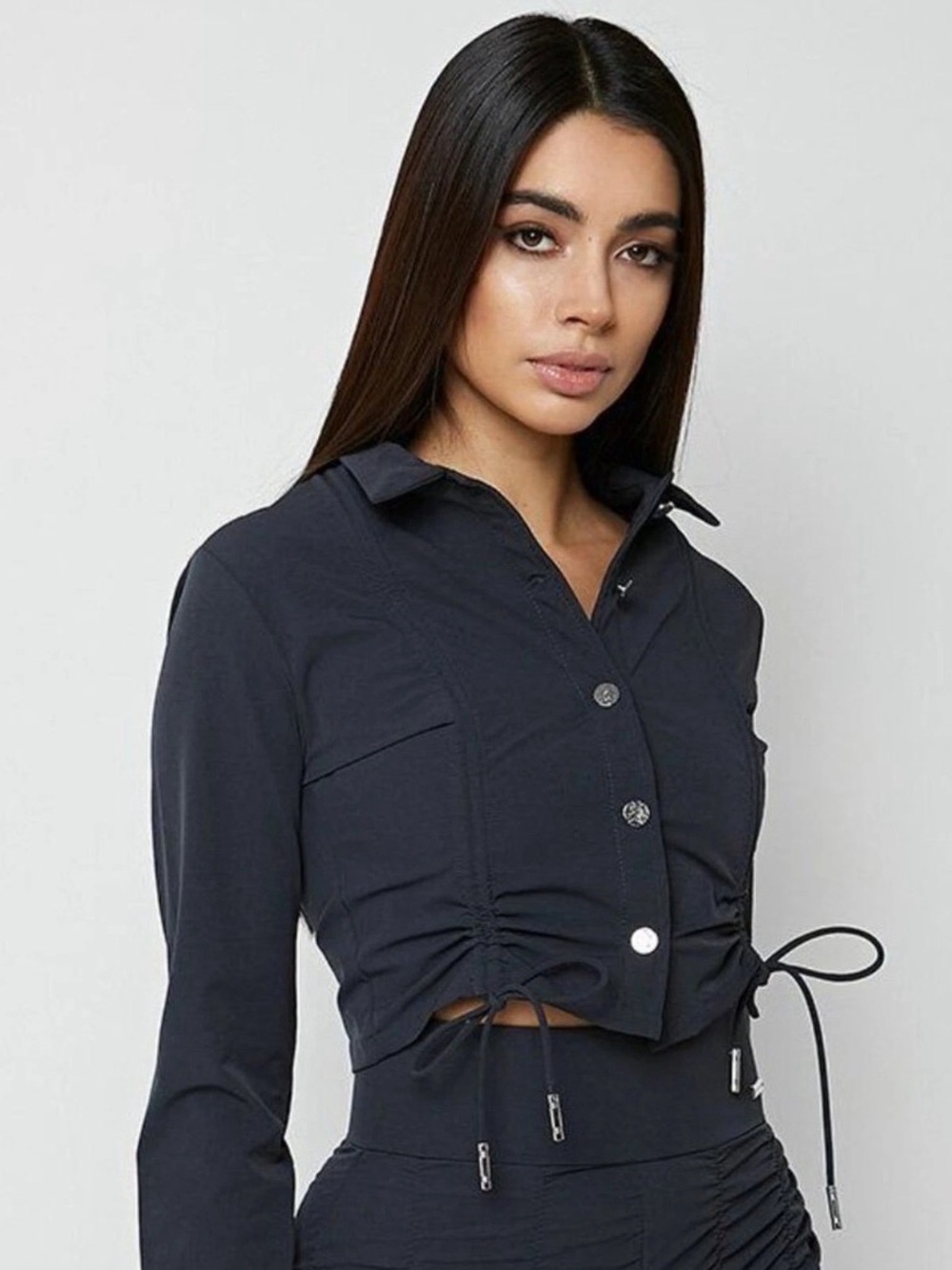 MANIERE DE VOIR Black Cropped Front Ruched Grunge Utility Punk Button Up Sz 10